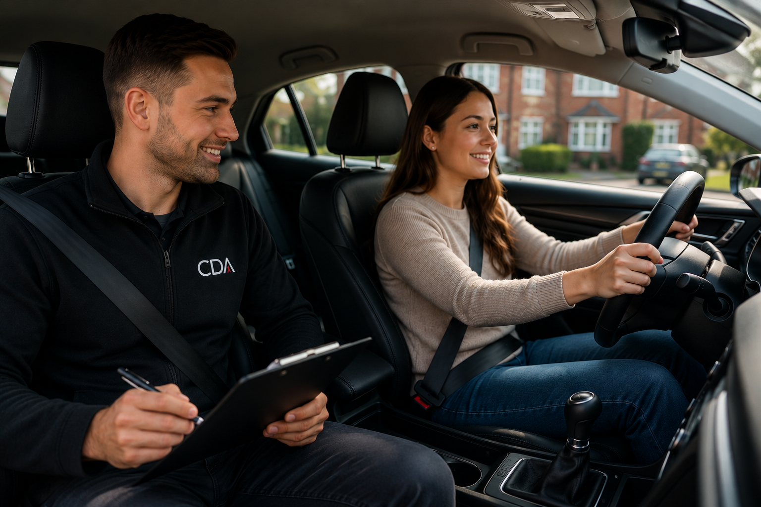 Compass driving instructor guiding a learner in a right-hand-drive car